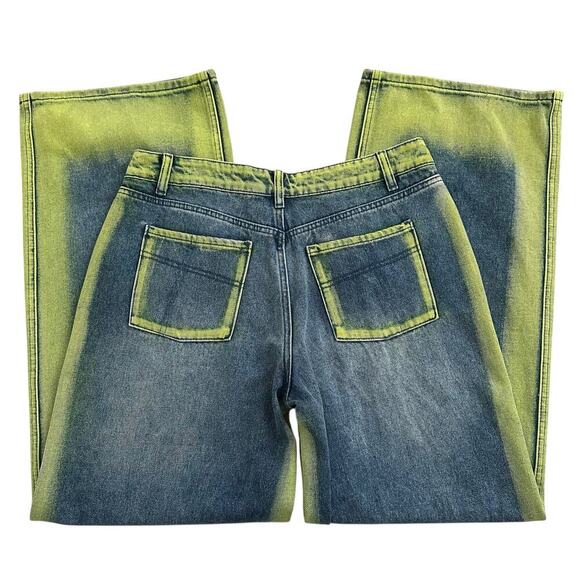 NWT Akira Kelyn Wide Leg Acid Jeans Neon Green Large - Picture 2 of 8